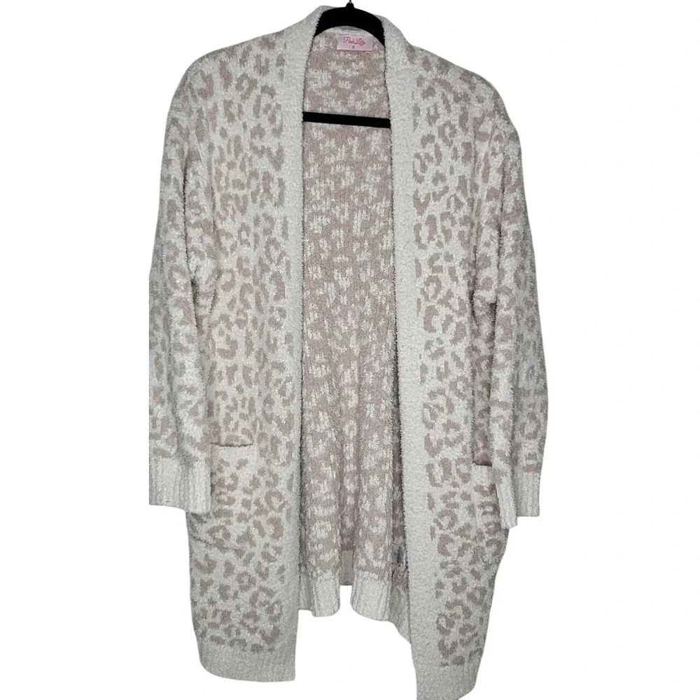 Pink Lily Beige White Knit Cozy Cardigan Sweater Leopard Print Pockets S  Women
